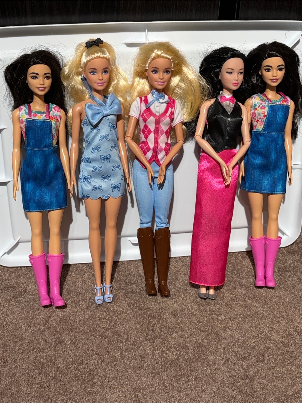Barbie Dolls Lot with Pink Boots, Blue Dresses & Floral Tops